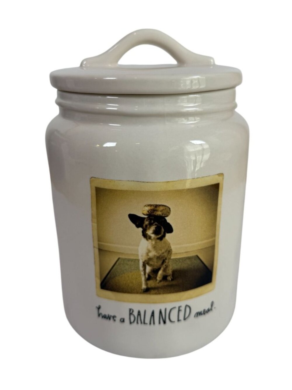 Rae Dunn Ceramic Dog Treat Jar "Have A Balanced Meal" Artisan Collection Magenta
